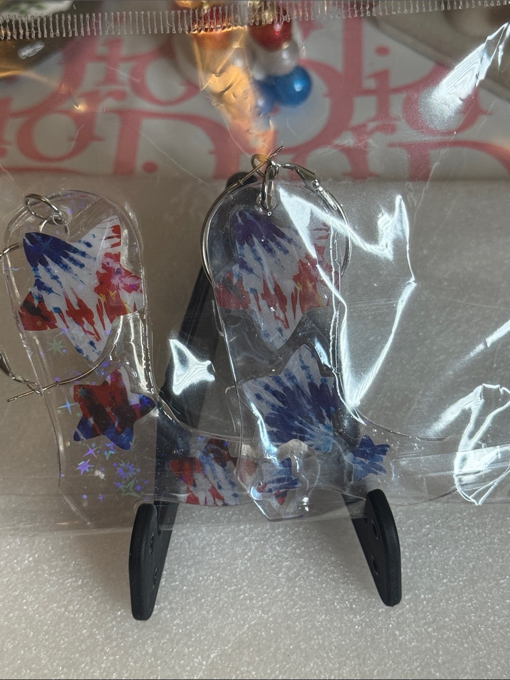 Clear resin  Star Earrings with Red, White & Blue Paint-Splash Design